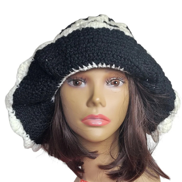 Vintage Black White Handcrafted Crochet Big Floppy Brim Hat - Picture 12 of 12